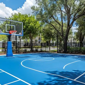 A vibrant blue basketball court surrounded by tall trees and a modern fence, offering a perfect setup for outdoor games on a sunny day