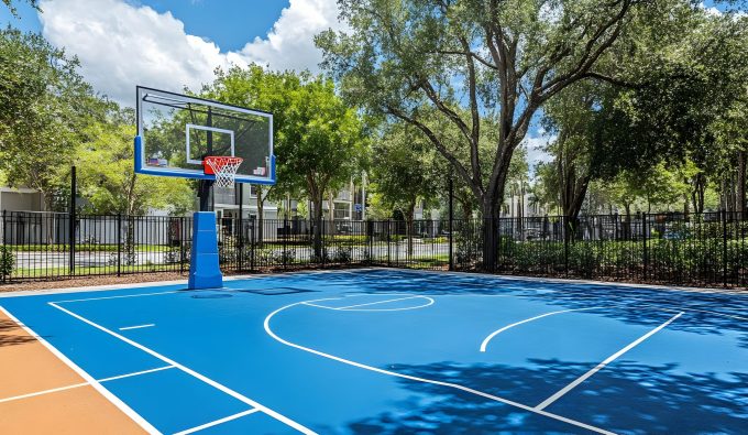 A vibrant blue basketball court surrounded by tall trees and a modern fence, offering a perfect setup for outdoor games on a sunny day