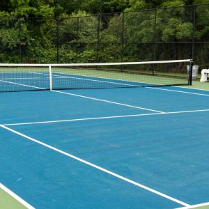 A blue tennis court inside a black fence with be3nches in the middle surrounded by tall trees in the background.