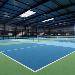 Empty pickleball tennis court with blue and green color