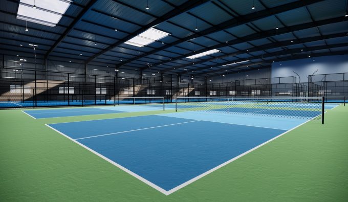 Empty pickleball tennis court with blue and green color